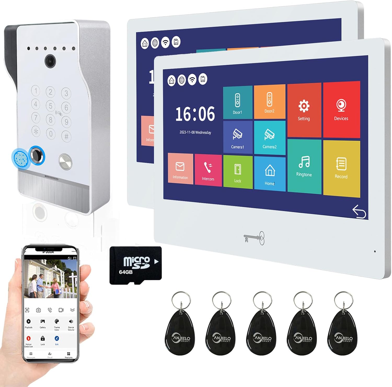 WiFi Video Door Phone Apartment Doorbell Intercom,1080P 10 Inch Wired Touch Screen Monitor,5 in 1 Wireless Unlock,Supporting Fingerprint,RFID,Password,Motion Detect for Home Villa,Tuya 32G