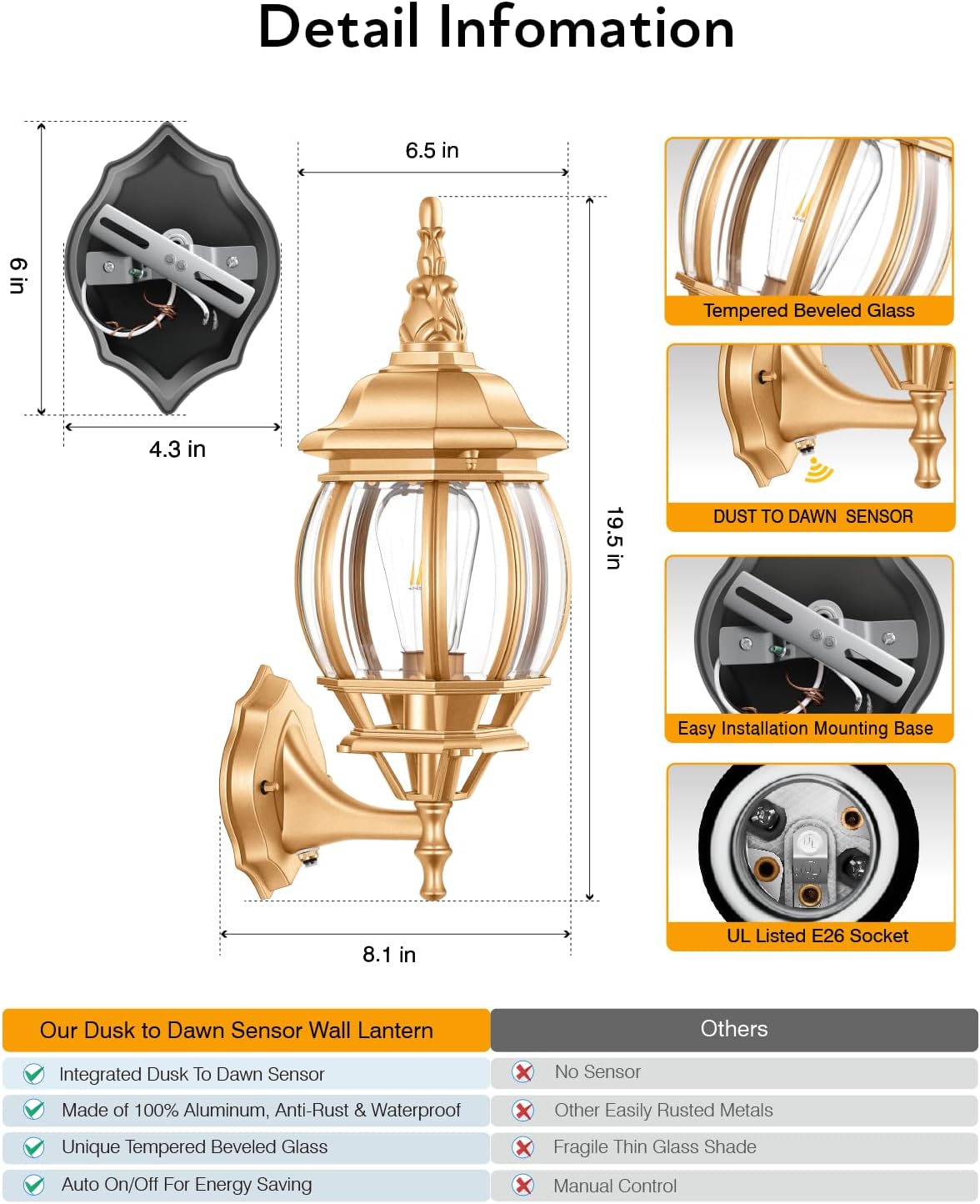 VIANIS Outdoor Wall Sconce, Exterior Porch Light Wall Mount, Gold Dusk to Dawn Outdoor Lighting Lantern for Coach, Modern Outside Garage Lighting Fixtures for House, Waterproof Outdoor Wall Lamp