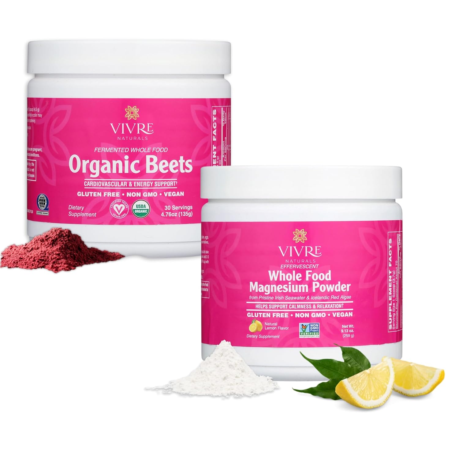 Vivre Naturals Fermented Whole Food Organic Beet Powder and Effervescent Whole Food Magnesium Powder -Sustainably Sourced from Irish Seawater & Icelandic Red Algae