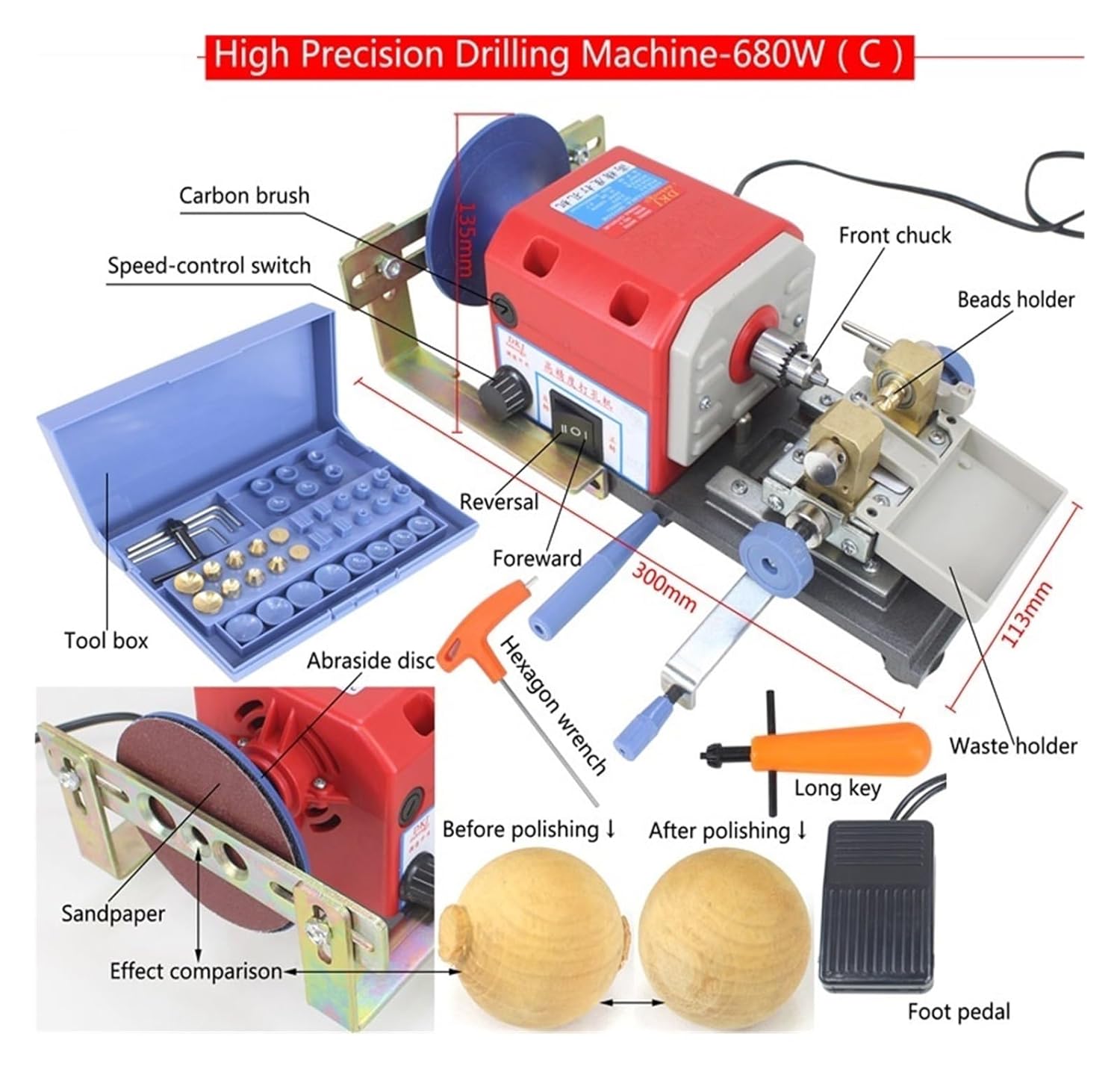 Gemstone Polishing Machine, RED Stone Pearl Drilling Machine, Jewelry Making Equipments, Beading Polishing Tools, 680W Powerful Amber Holing Machine(680W Group C)