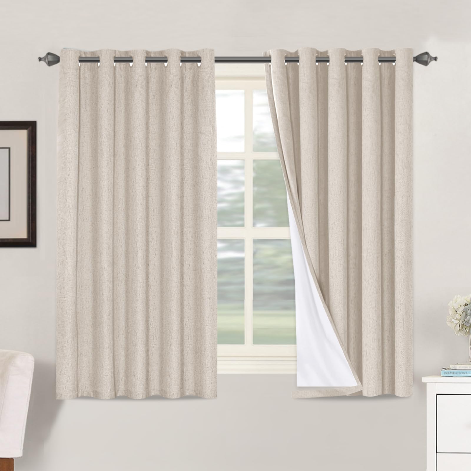 BellaHills 100% Blackout Curtains for Bedroom Eyelet Linen Curtains for Living Room with White Coating Back Grommet Thermal Insulated Curtain 2 Panels