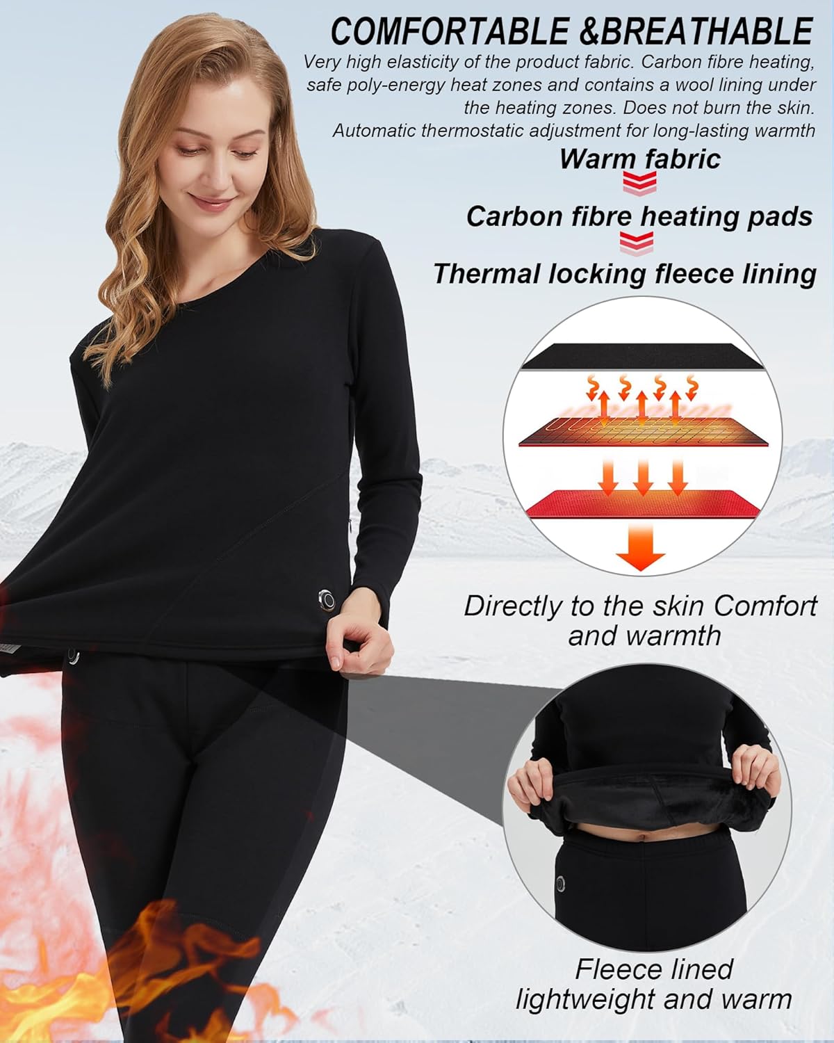 Women's Heated Thermal Underwear Set, USB Women's Electric Thermal Heated Long Johns Set with Battery - Image 6