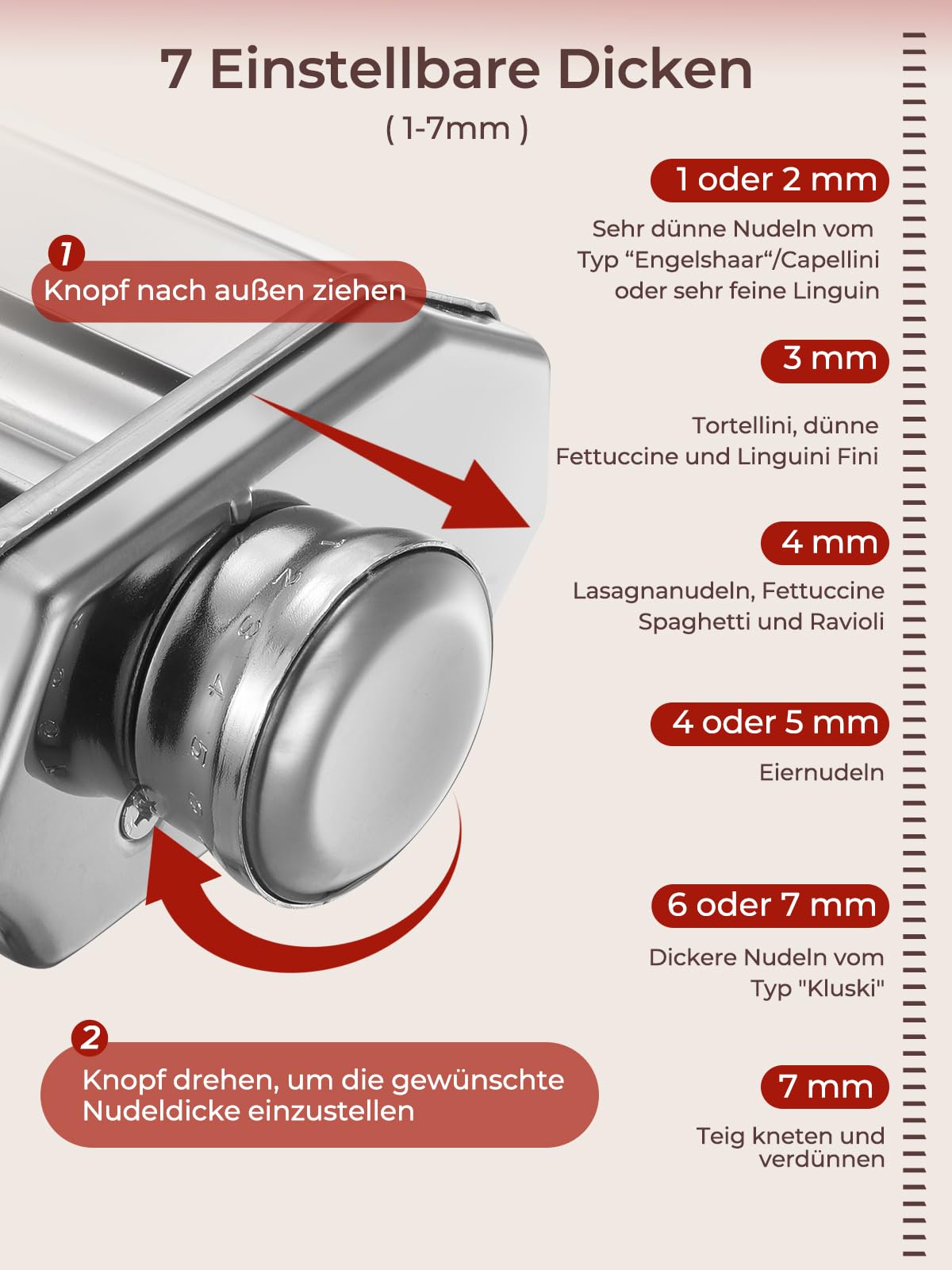 FOHERE Nudelaufsatz Nudelblattroller für KitchenAid Küchenmaschine, Pasta Maker Zubehör Mit Nudelblattroller und Reinigungsbürste (7 Einstellbare Dicken)