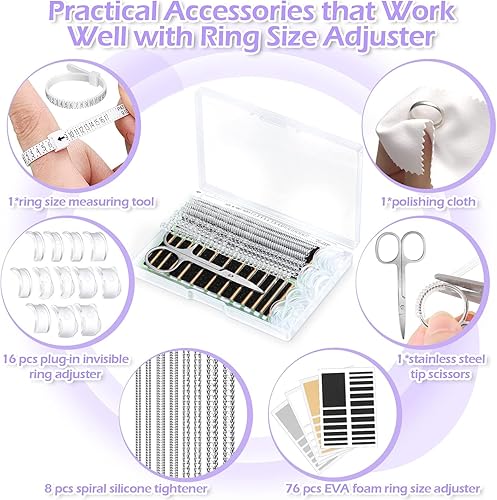 Miniatura 5 de 100 piezas de ajuste de tamaño de anillo para anillos sueltos con herramienta de medición de tamaño de anillo, protectores de anillo invisibles