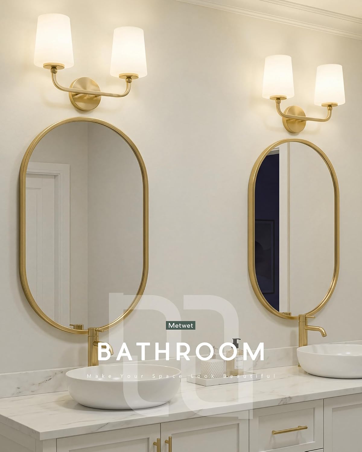 2-Light Bathroom Light Fixtures, 16" Brushed Gold Vanity Lights for Bathroom Over Mirror with Milk White Glass Shades, Modern Wall Sconce for Hallway Stairway, Up or Down Mounting, VL289-BG-2
