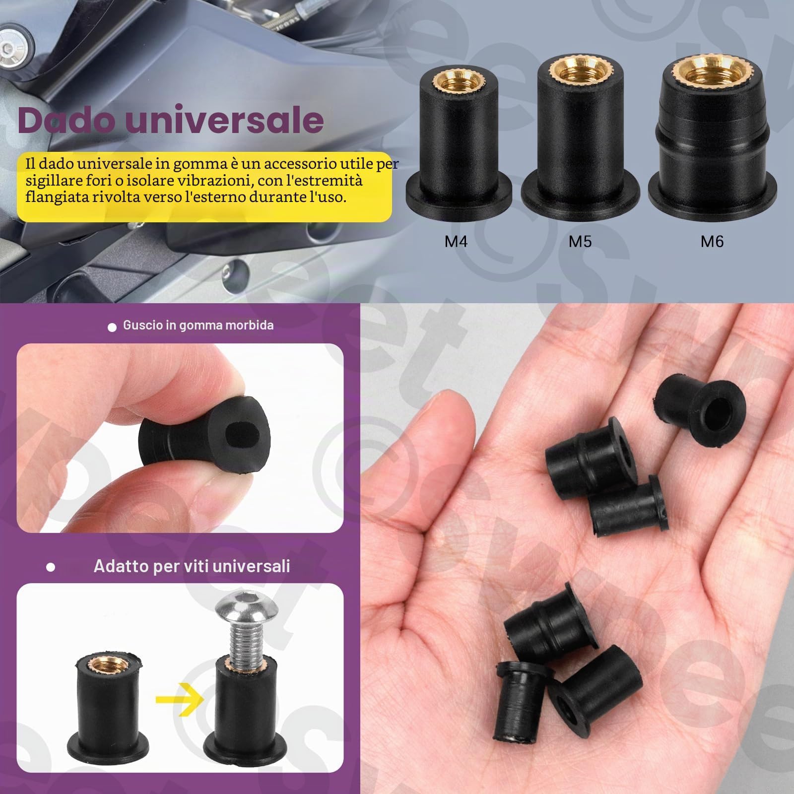 Swpeet Set di 37 Dadi M4 M5 M6 in Gomma Nera Ondulata per Parabrezza, Fissaggio, Rivestimento Moto e Neoprene - Espansione in Ottone per Canoa
