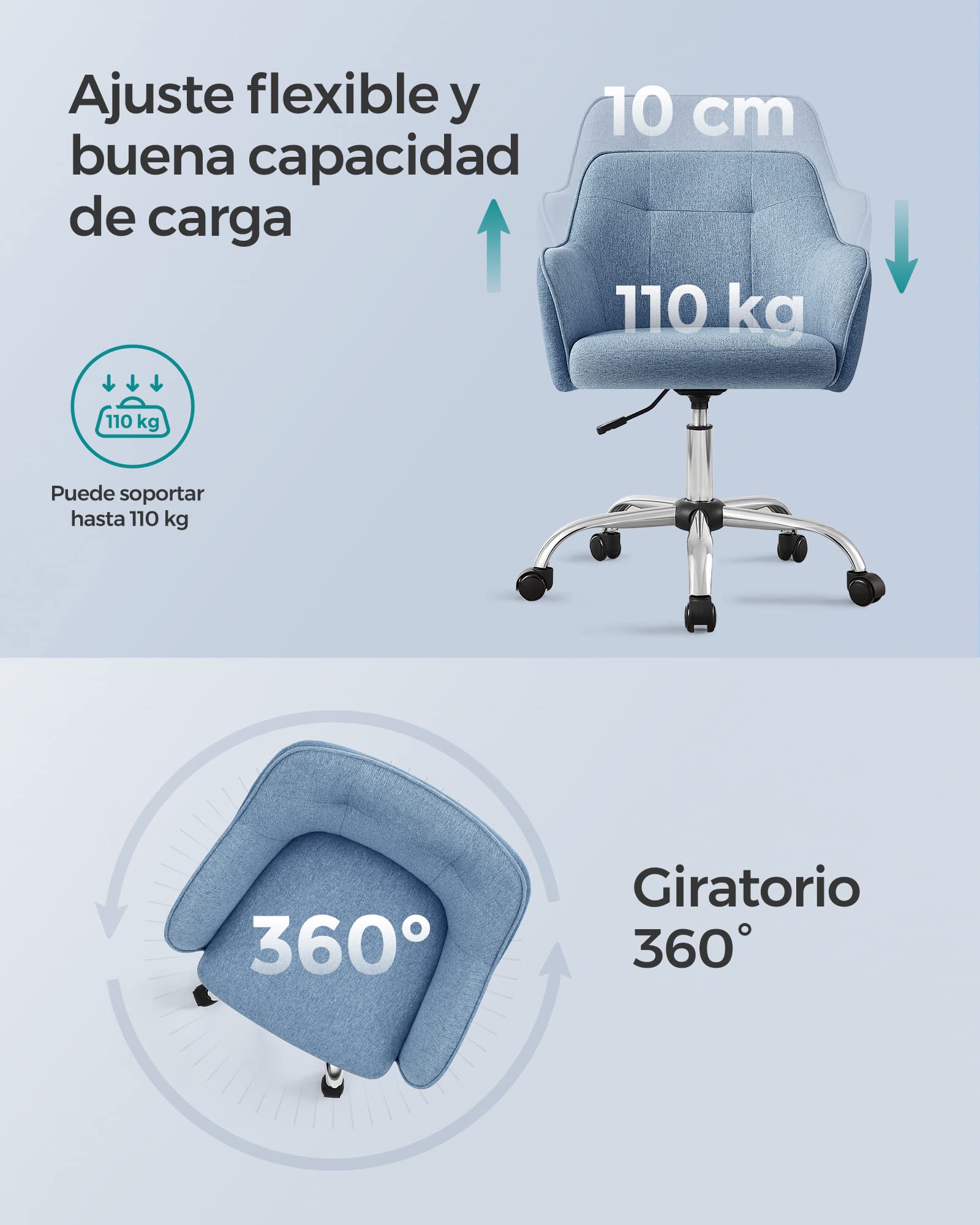 SONGMICS Silla de Estudio, Silla Giratoria, Altura Ajustable, Carga de 110 kg, Marco de Acero, Tela de Algodón-Lino Transpirable, para Estudio, Dormitorio, Azul OBG019Q01