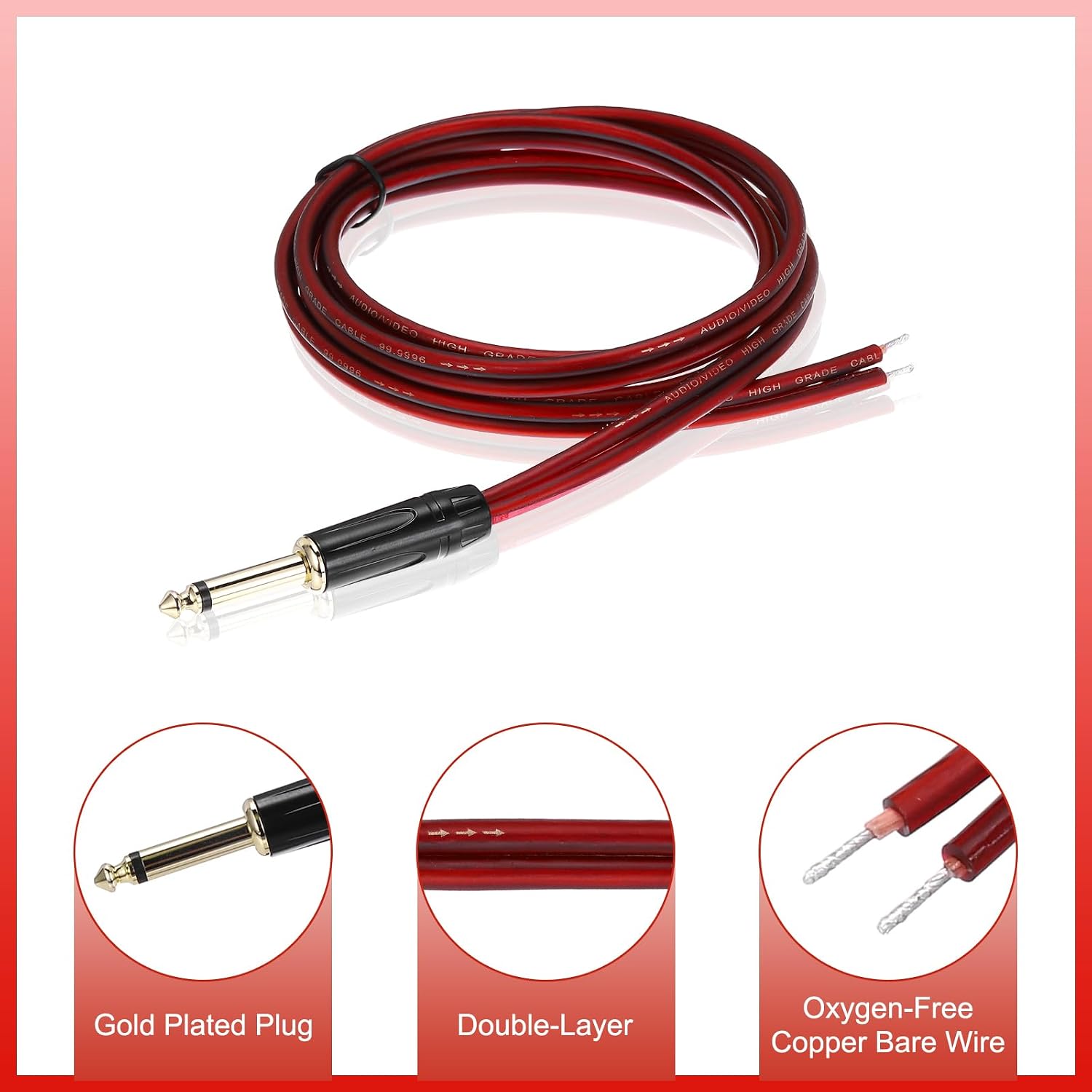 MECCANIXITY TS Mono Plug to Bare Wire Open End Speaker Cable, 4.9ft (1.5 Meter) 14AWG Gold Plated TS Mono Plug Cable for Speaker, Guitar, Scanner, Audio Equipment
