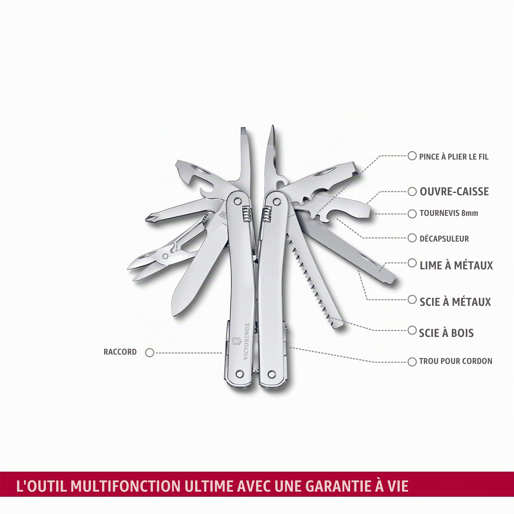 VICTORINOX Couteau Suisse Swiss Tool Spirit MX, 24 Fonctions, Outil Multifonction, y c. Pince, Tournevis, Ouvre-Boîtes, Étui-Ceinture Nylon, Argent