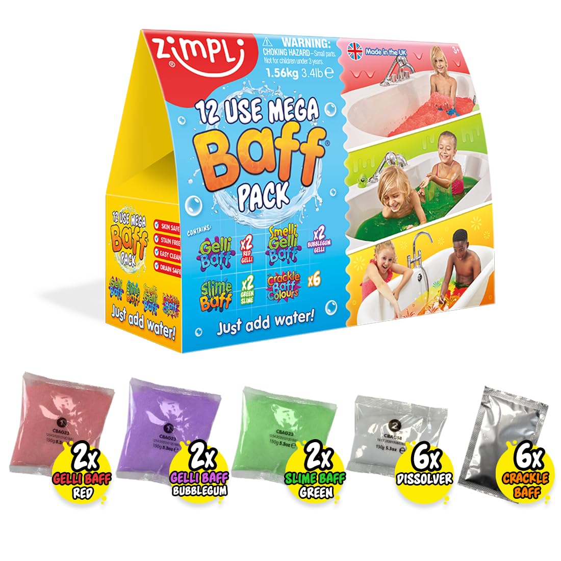 Zimpli Kids - Pack de 12 baffes, 4 x baffes Gelli, 2 x baffes Slime et 6 x baffes Crackle, Jouets pour Le Bain et Les Sens, Cade