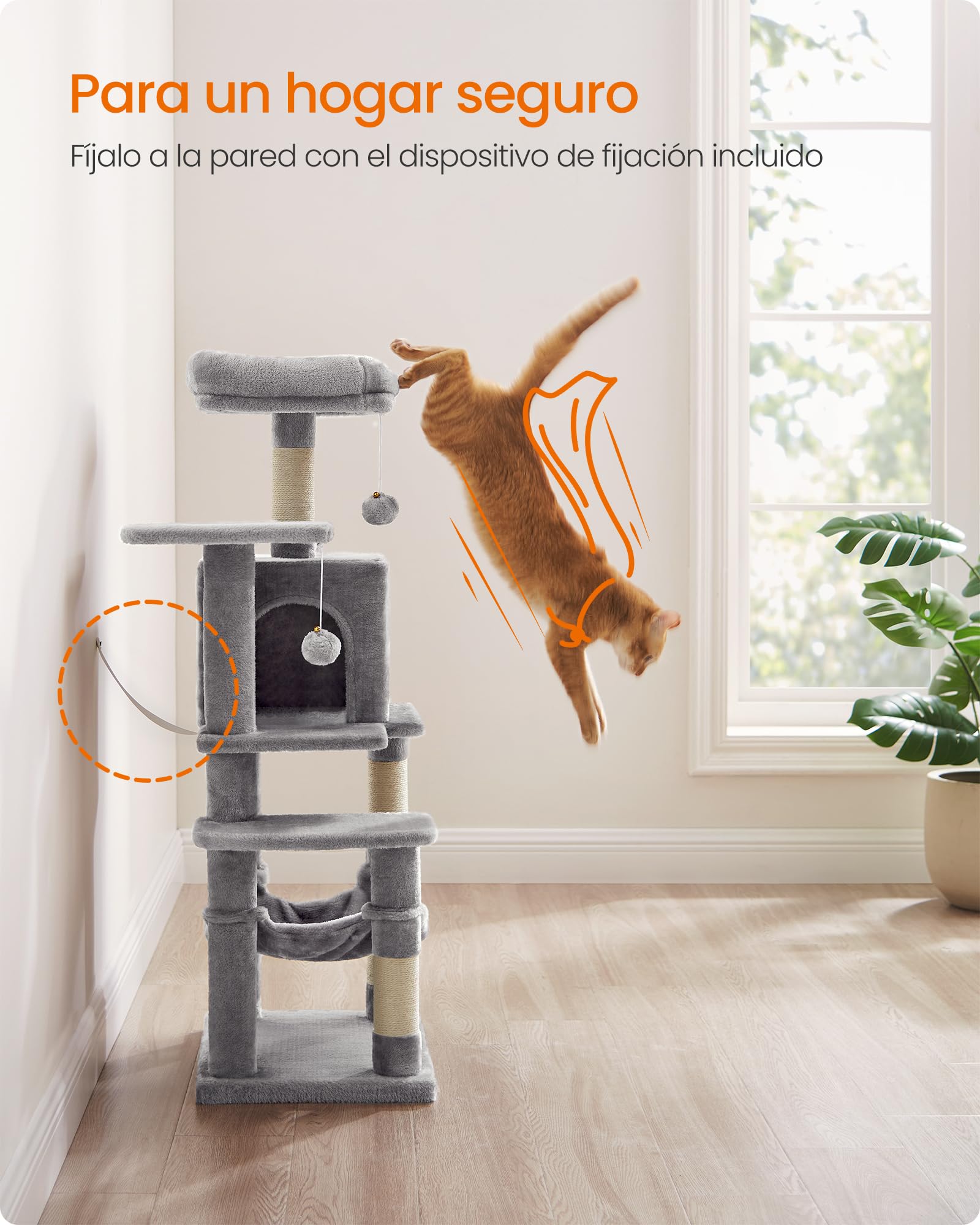 Feandrea Árbol para Gatos, Altura 112 cm, Torre de Gatos, con 4 Postes Rascadores, 2 Plataformas, 1 Cueva, 1 Hamaca, 2 Pompones, Tela de Felpa, Multinivel, Gris Claro PCT261W01
