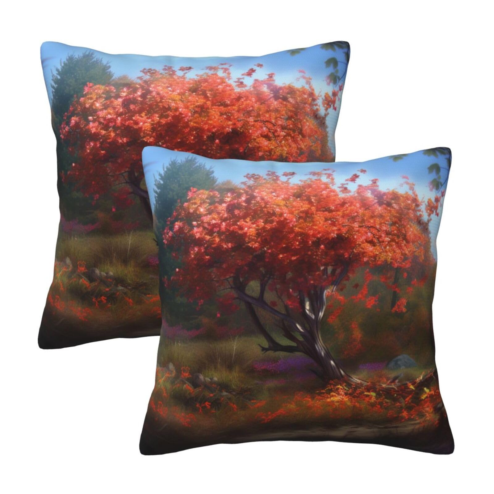 Flowers Tree Scenery Throw Pillow Cases 2 Pack Square Pillowcases Soft Pillow Protectors for Couch Livingroom Sofa Bed Office Car,30x30 CM