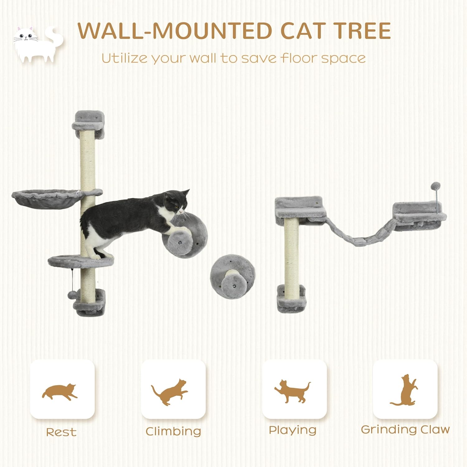 PawHut 4Pcs Wall Mounted Cat Shelves, Cat Climber with Hammock, Perches, Ladder, Scratching Post, Cat Wall Furniture for Large Cats, Grey
