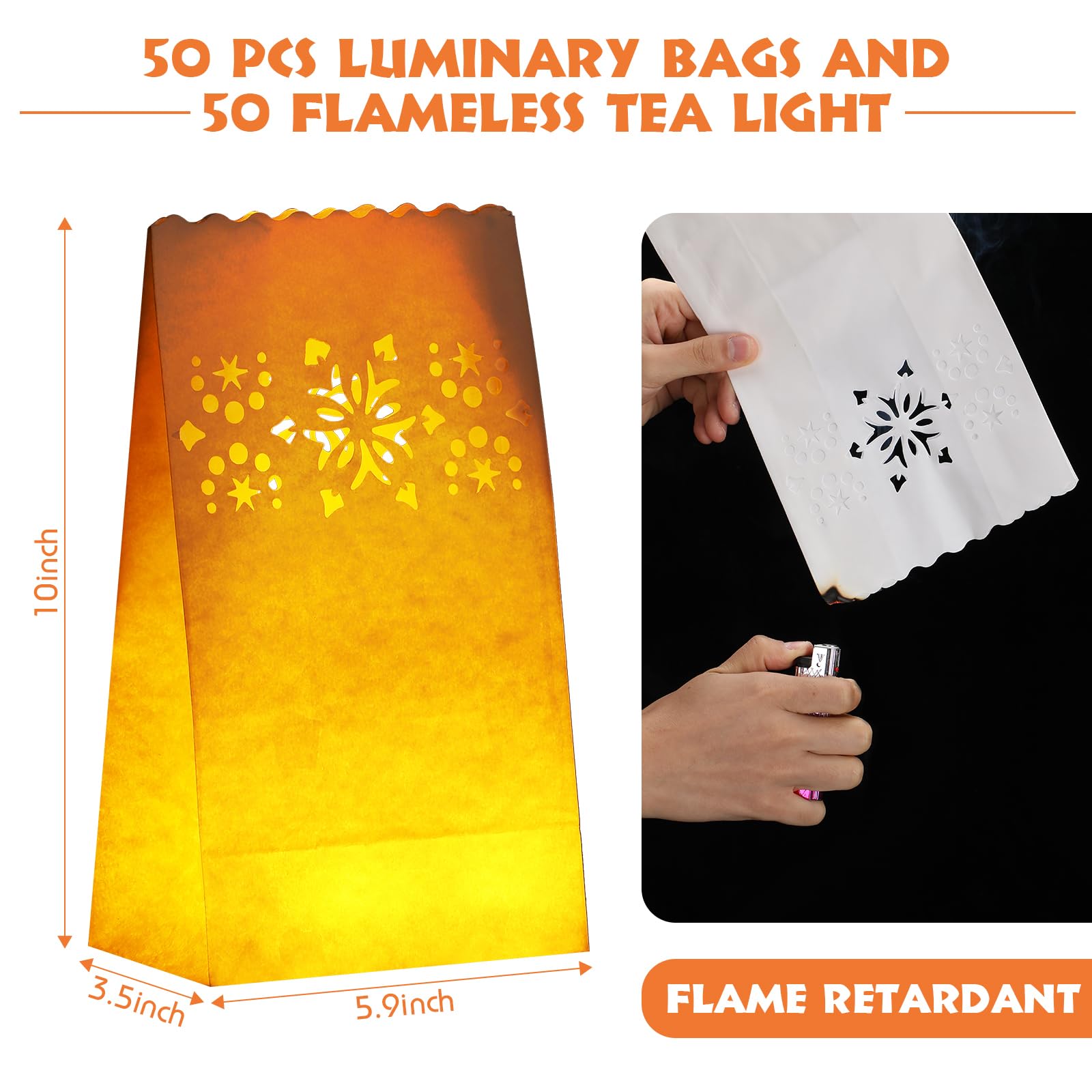 50 Sets Luminaries Bag with Candles Include 50 Flameless LED Tea Lights LED Tealight Candles and 50 Luminary Bags for Christmas Thanksgiving Halloween Wedding Festival Party (Kraft Paper,Rustic)