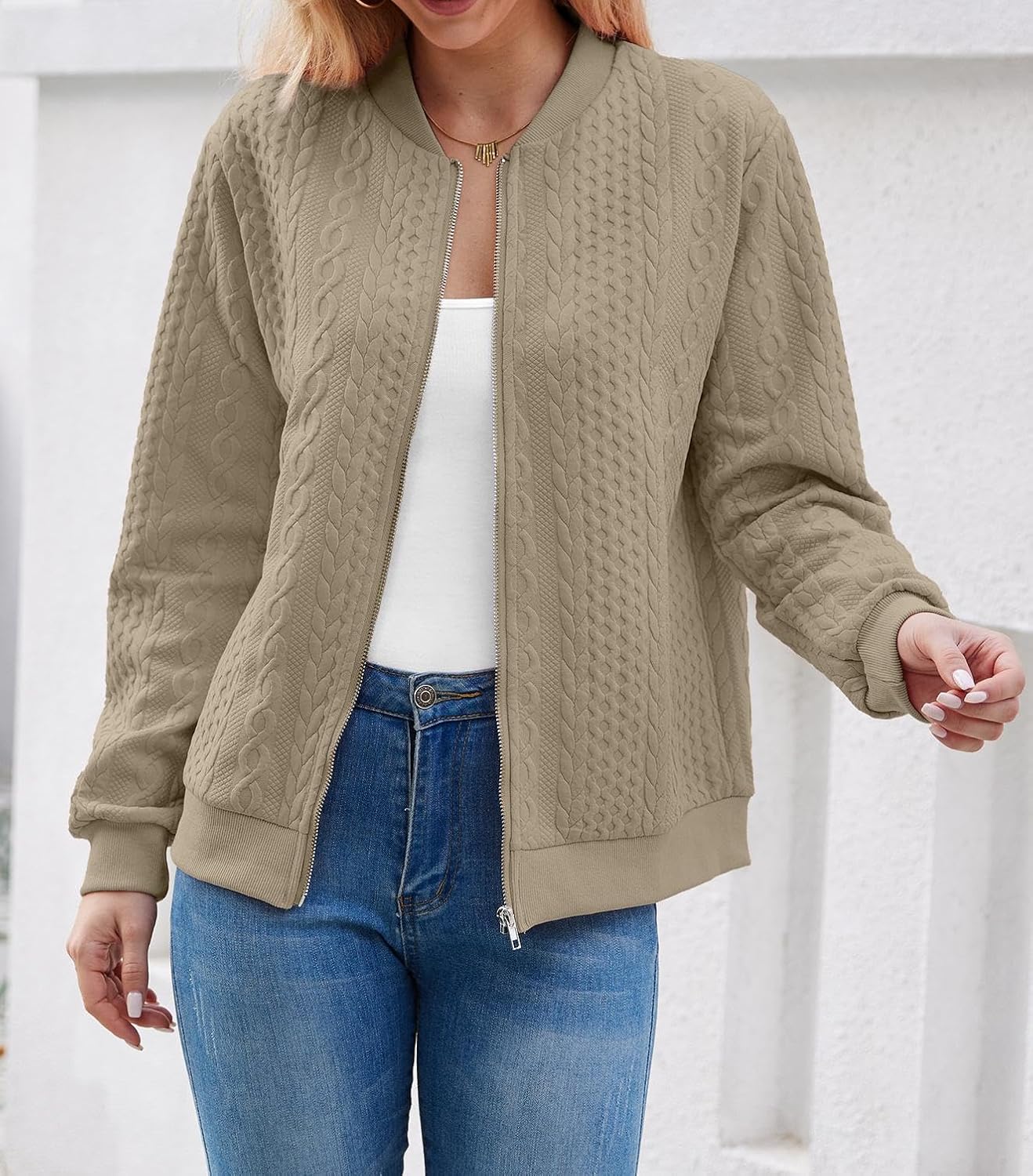 WROLEM Women's Zip Up Cardigan Sweater Cable Hoodies Long Sleeve Jacket Outfits Crewneck Casual Coat - Image 6