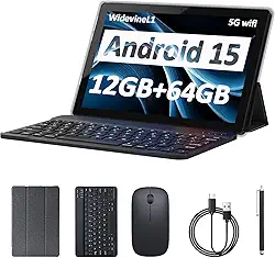 Tablet Android 15 de 10 polegadas, 12 GB de RAM + 64 GB de ROM + 1 TB expansível, tablets 2 em 1 com teclado/capa/mouse/caneta, processador quad-core de 1,8 GHz, câmera de 8 MP, tablet de tela HD 1280