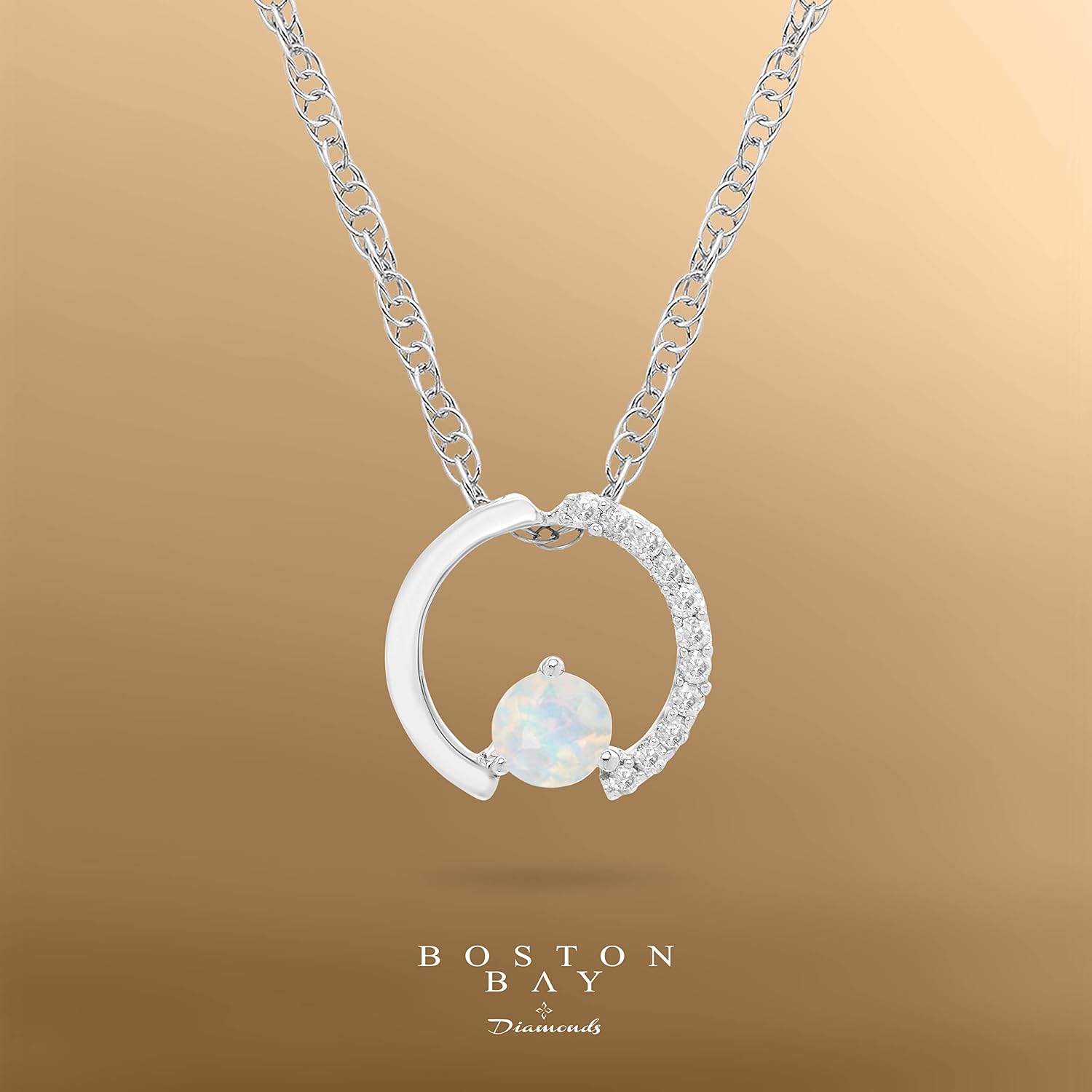 .925 Sterling Silver, Genuine Opal & Diamond Accented Circle Pendant with Rope Chain - 18” (G-H Color, I2-I3 Clarity)