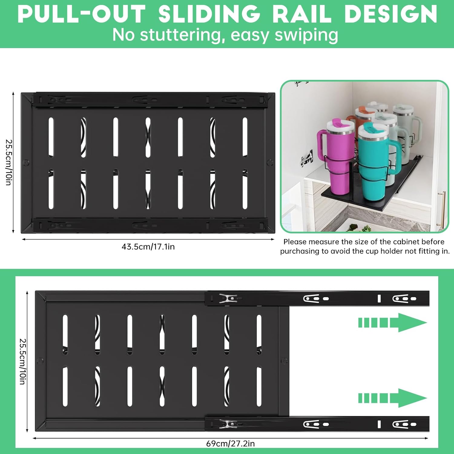 Pull Out Water Bottle Organizer for Stanley, Slide Out Tumbler Storage Organizer for Cabinet, Tumbler Holder for Stanley 20 30 40 oz Cups, Silent Sliding Cup Holder Rack, Easy to Install (Black)
