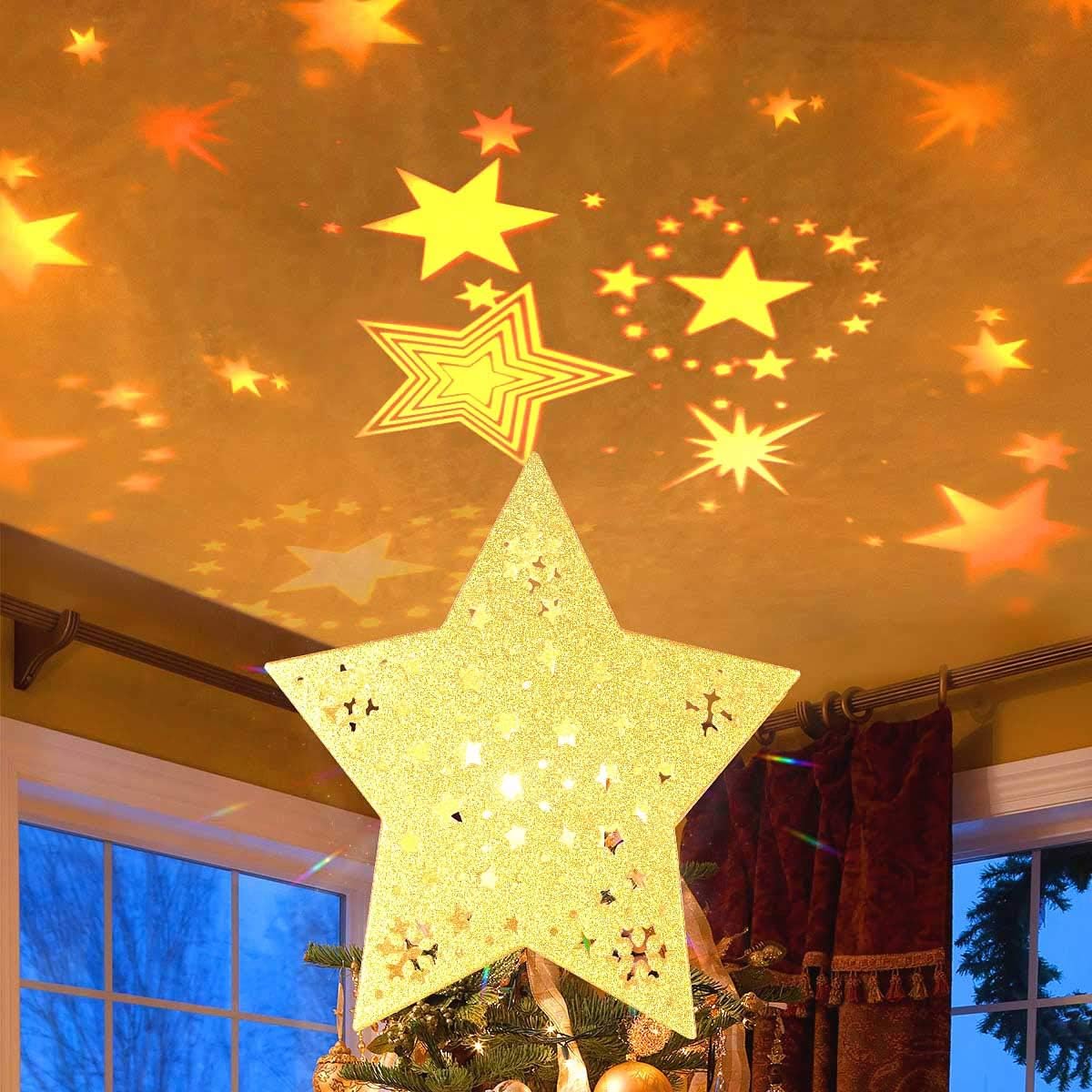MAOYUE Christmas Tree Topper Lighted with LED Star Projector Lights, Lighted Star Tree Topper for Christmas Tree Decorations, Golden