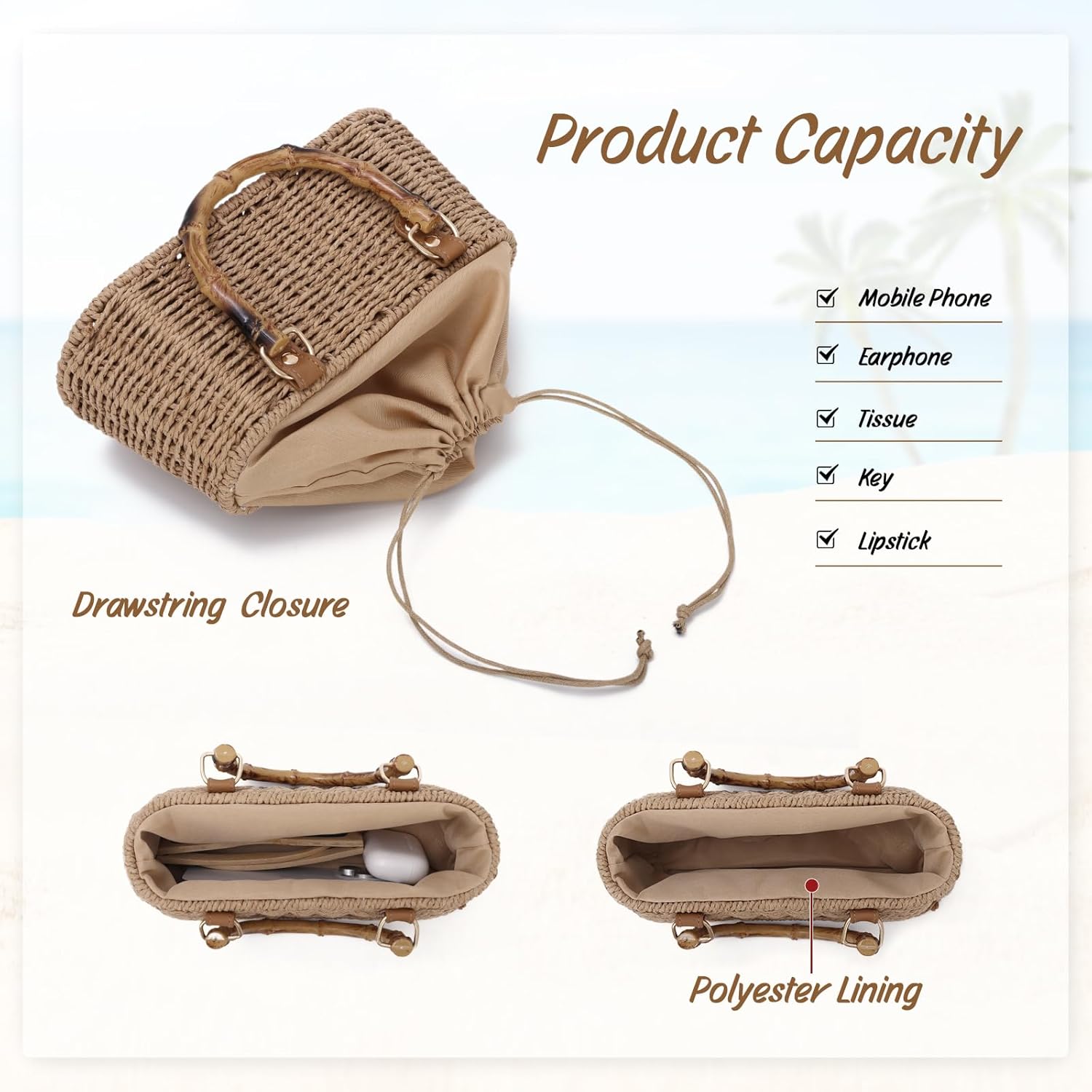 Oweisong Wicker Rattan Bag for Women Summer Beach Woven Straw Handbag | Bamboo Handle, Square Tote Bag, Basket Purse, for Vacation, with Chain