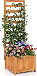 HAPPYGRILL Raised Garden Bed with Trellis, 48" Wood Elevated Planter Box w/Drainage Holes & Gaps for Climbing Plants Vines Flowers, Indoor Outdoor Privacy Fence Planter Raised Bed for Patio Yard (1)