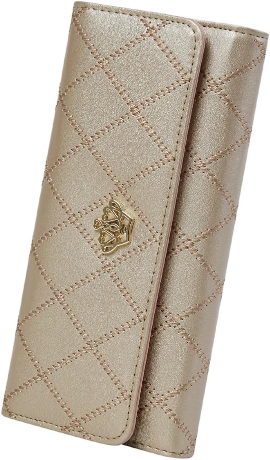 AnlyzerWomens Leather Clutch Crown Wallet Long Trifold Organizer Wallet Credit Card (Gold)