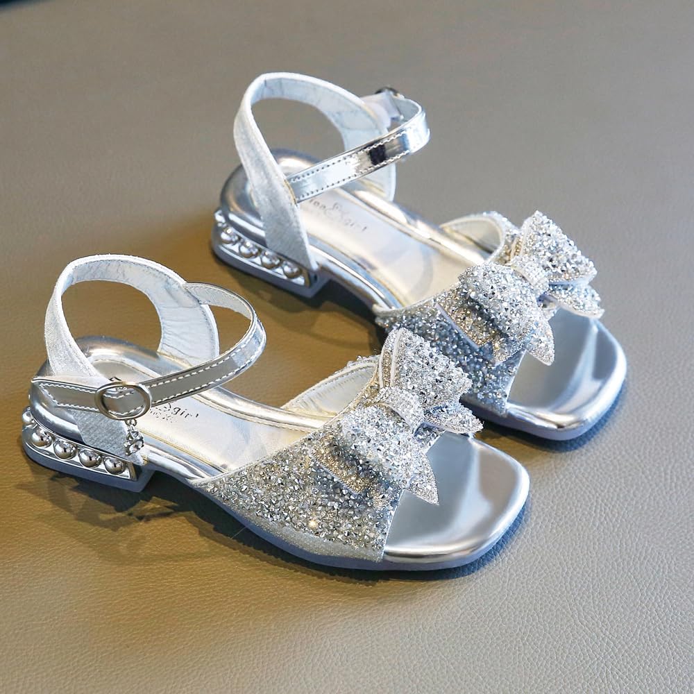 kkdom Girls Low Heel Sandals Glitter Crystal Bowknot Princess Shoes Ankle Strap Fashion Summer Sandals,Kids Dress Shoes for Wedding Party