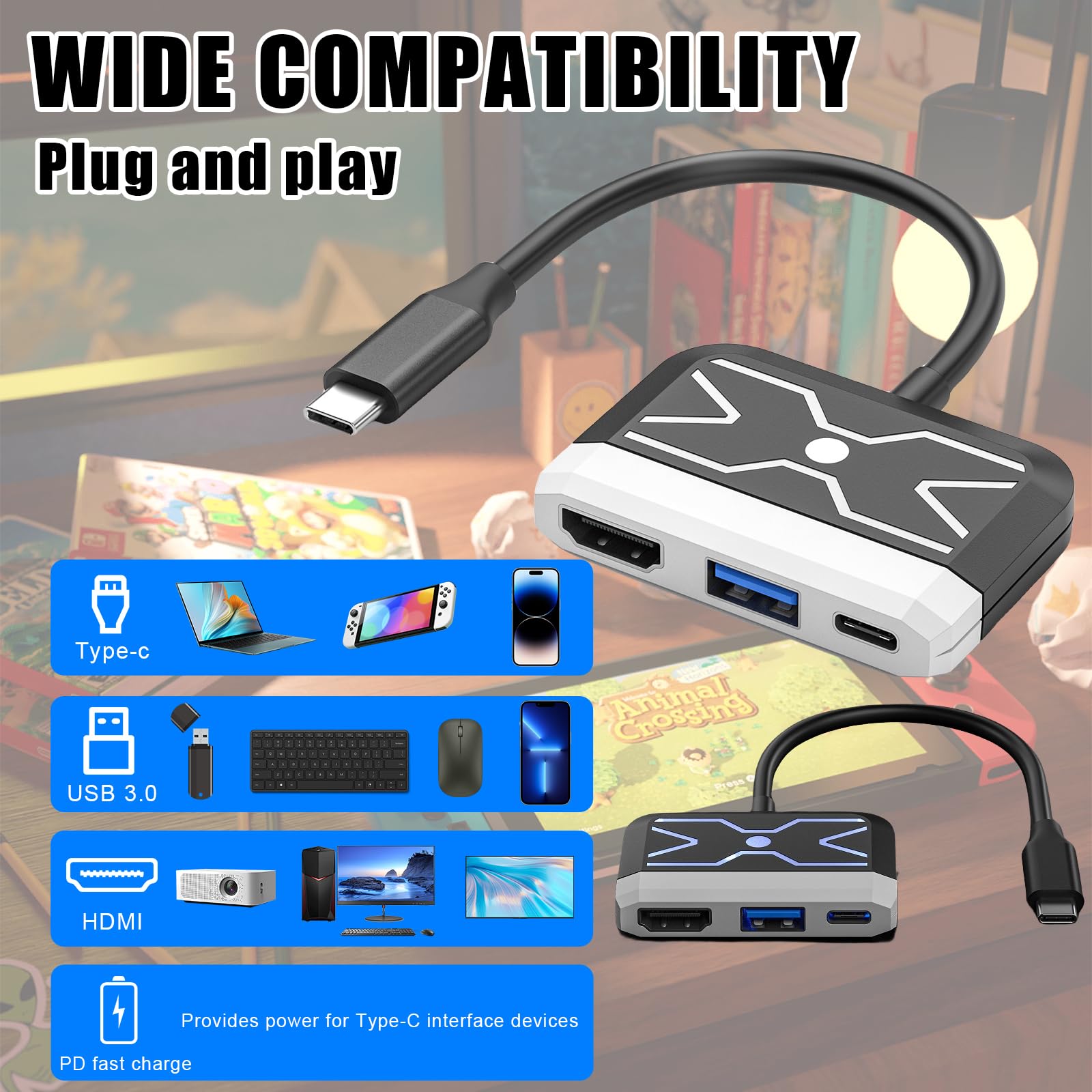 Station d'accueil Switch pour Nintendo Switch OLED, station d'accueil portable, adaptateur TV 3 en 1 avec HDMI 4K, port USB 3.0, charge de type C 100 W PD compatible avec Nintendo Switch/Switch OLED