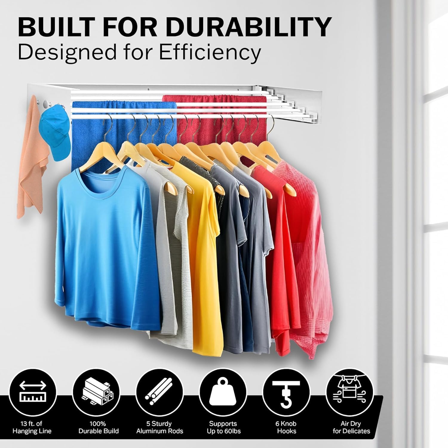 Wall Mounted Drying Rack for Laundry (31.5") – Wall Mounted Clothes Drying Rack – Retractable & Foldable Wall Mount Drying Rack with Carbon Steel Panel, 5 Aluminum Rods & 6 Hooks White