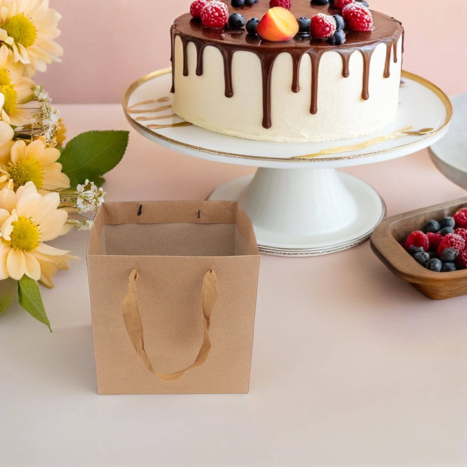 MAGICLULU Sacchetti Kraft con Manici Quadrati 25x25x25 Cm, Borsa da Asporto Resistente in Carta Kraft Marrone, Confezione Regalo Floreale e Packaging per Fiori, Set da 10 Pezzi per Fioristi