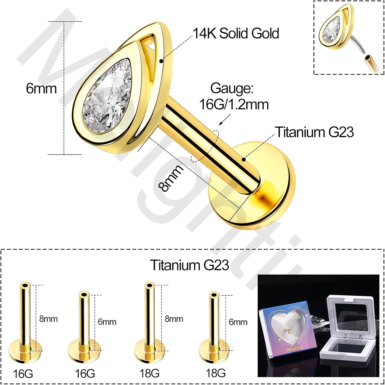 Melighting 14K Solid Gold Flat Back Earring Titanium Teardrop Threadless Earring 16G 18G Gold Cartilage Earring Tragus Piercing Jewelry Gold Helix Earring for Women