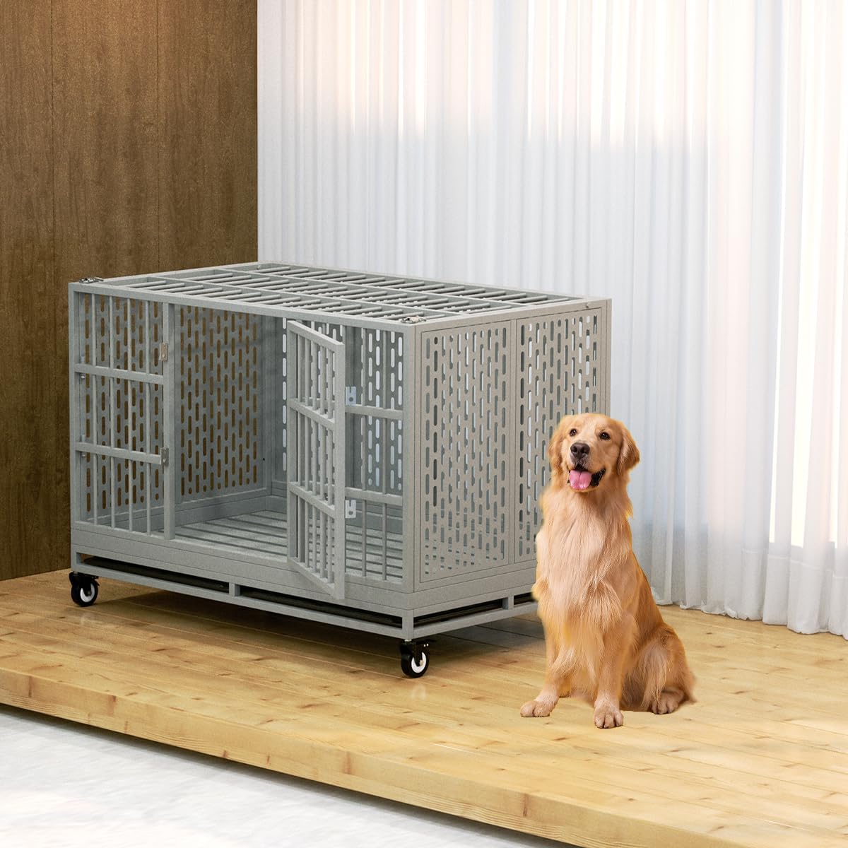 Snuowu 48 Inch Heavy Duty Dog Crate with Wheels, Folding Metal Big Dog Cage for Large and Medium Dogs, Extra Large XL XXL Indestructible Dog Crate with Removable Tray.