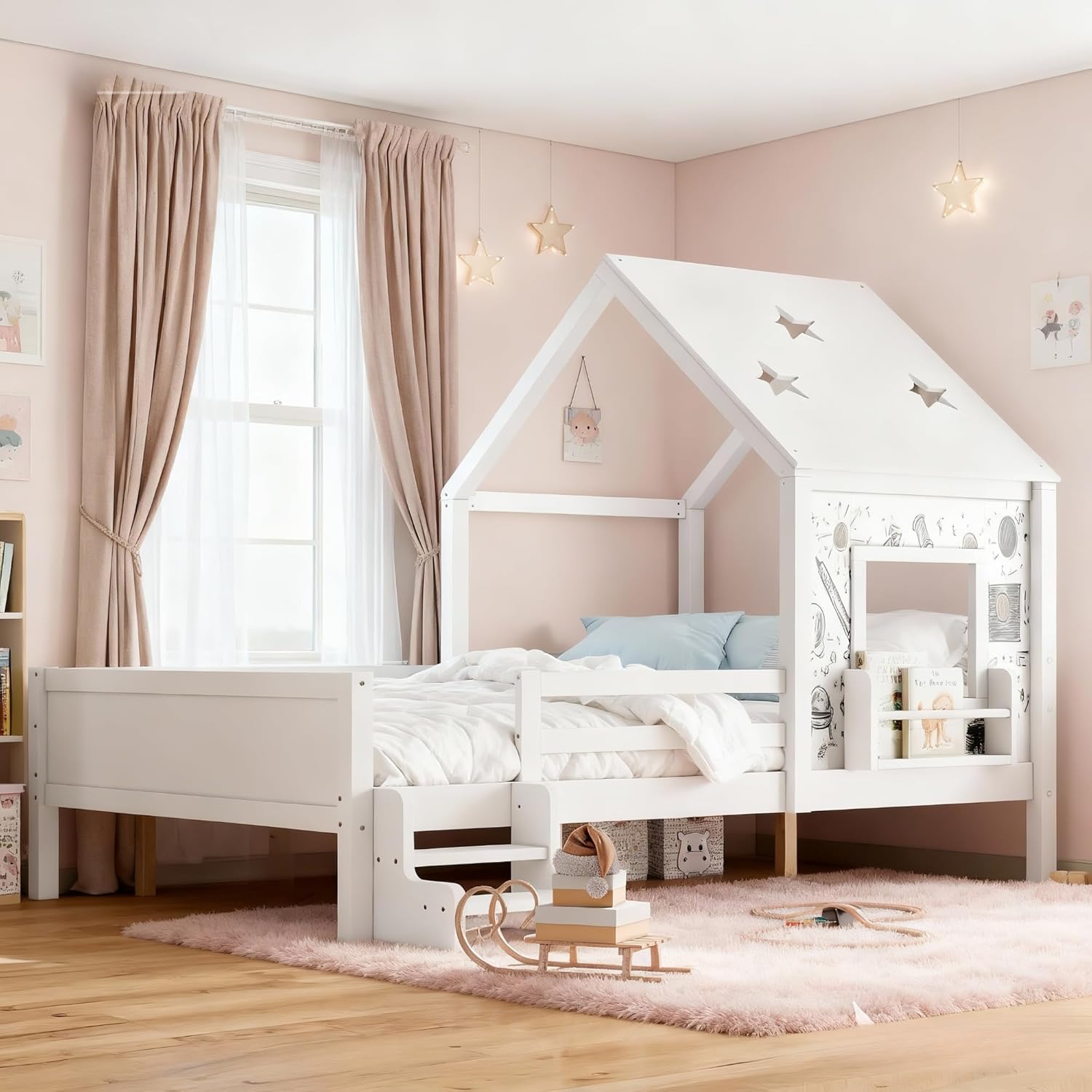 Bellemave Full House Platform Bed with Drawers Wood House Beds with Storage and Roof House Platform Bed Frame for Kids, Teens, Adults, No Spring Box Needed, Natural