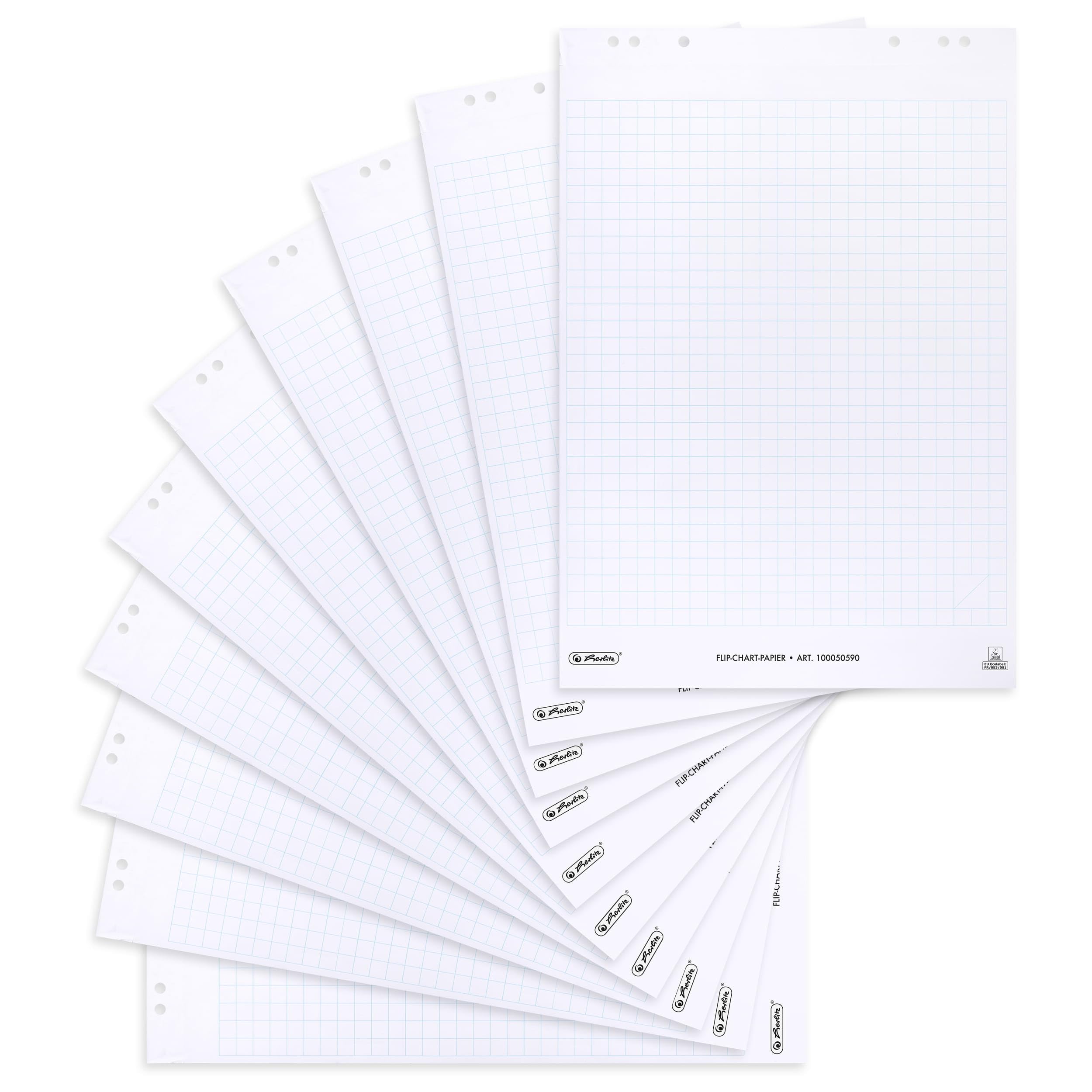 herlitz Flipchartpapier, kariert, mit 20 Blatt je Block, flachliegend, 6 fach Lochung, 10 Stück
