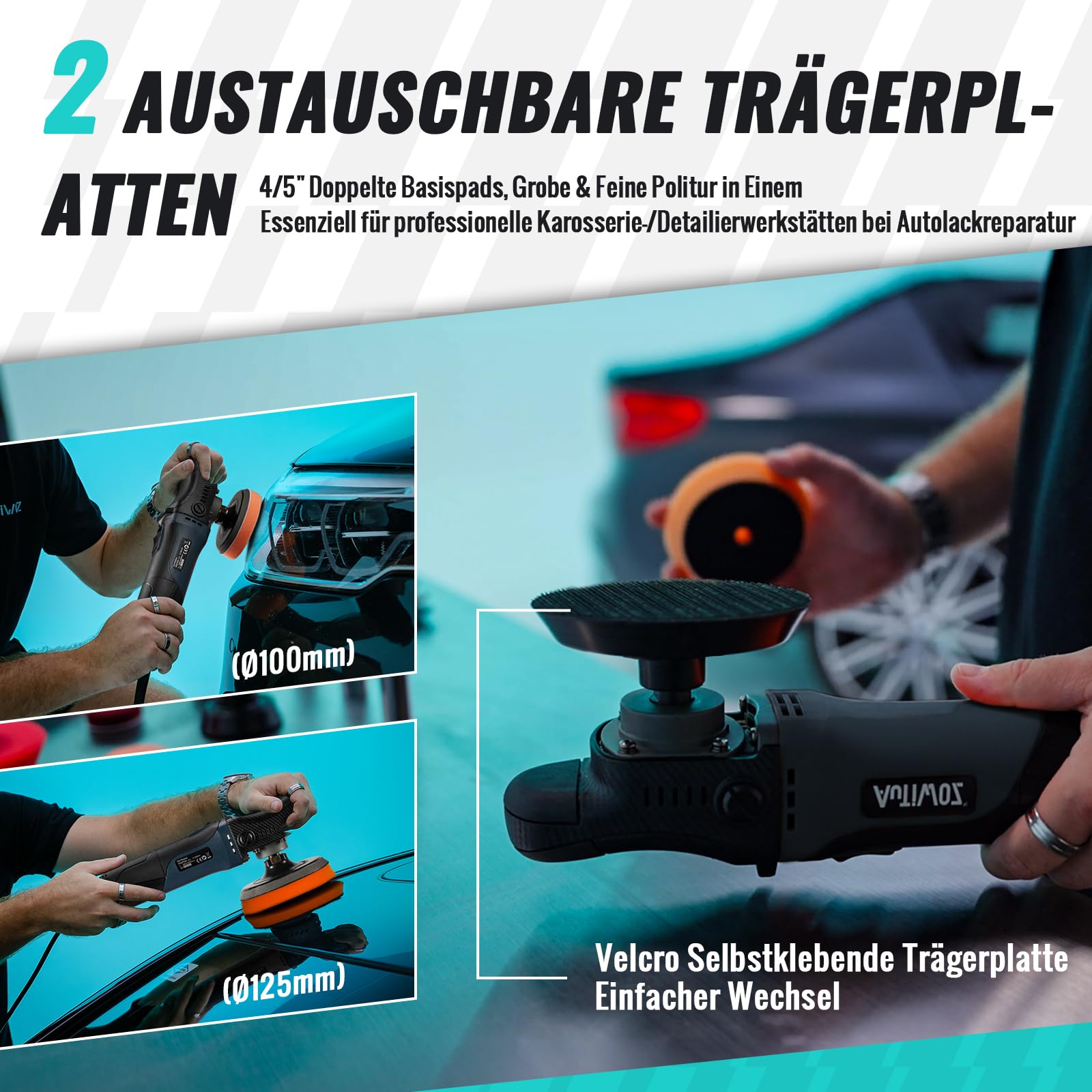 Mini Poliermaschine Auto, AUTIWOZ 630W Polierer mit 6 Variable Geschwindigkeit 2500-4500 RPM, Seitengriff, 100mm/125mm Polierschwamm/Wollscheibe/Schleifpapier, zum Polieren von Auto