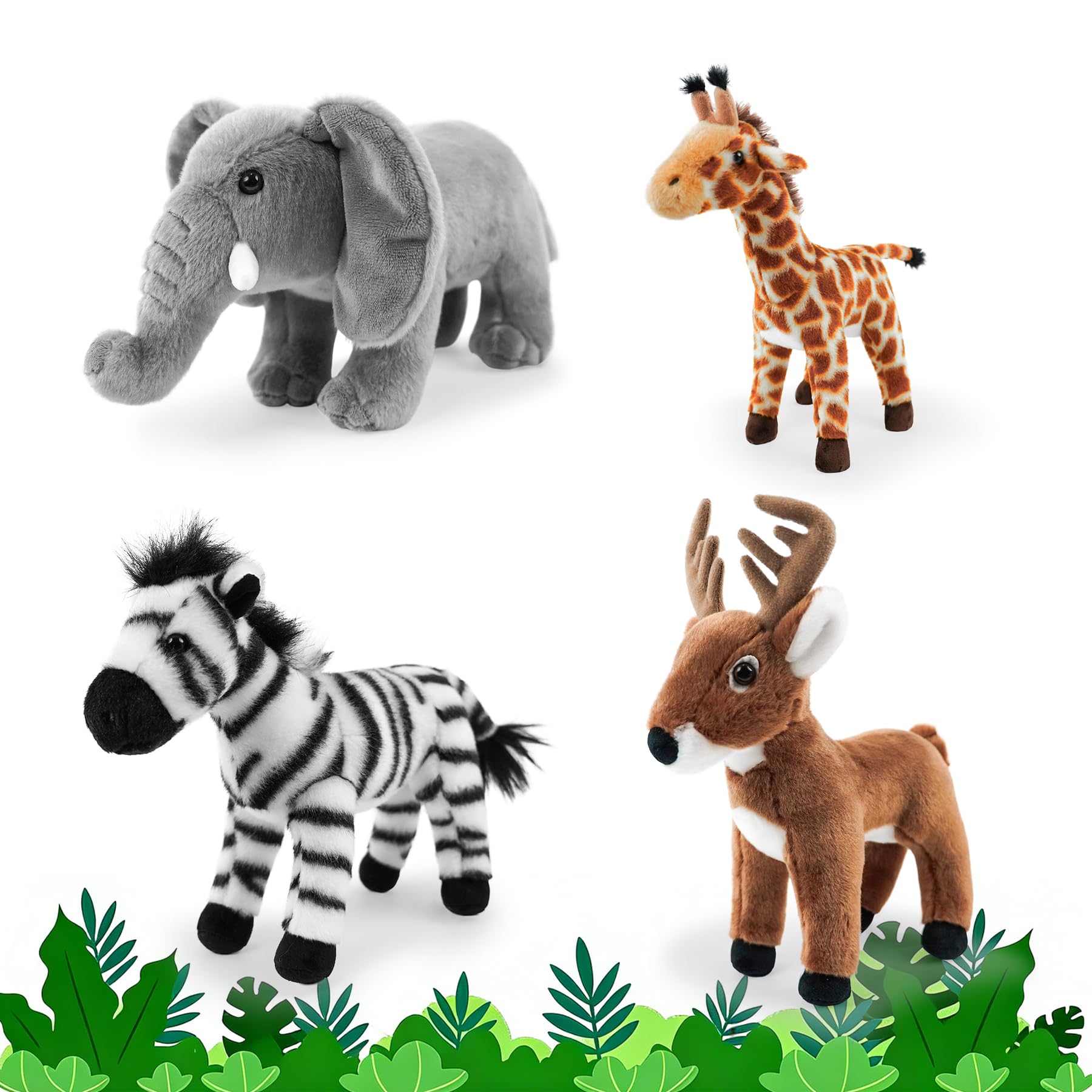Photo 1 of 4 Pack Stuffed Grassland Animals Bulk - Cute Soft 8'' Plush Prairie Toys for Kids, Including Giraffe, Zebra, Stag & Elephant Set, Ideal for Birthday Favors, Grassland Themed Decor & Toddler Gifts
