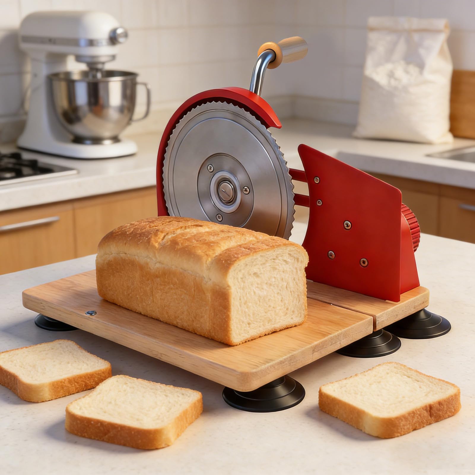 Luocute Manueller Brotschneider, Edelstahlklingen mit Einstellbarer Dicke für Gleichmäßiges Schneiden, mit Ergonomischem Griff für Sauerteig-Sandwiches, Toastbrot, Aufbewahrung von (Rot)