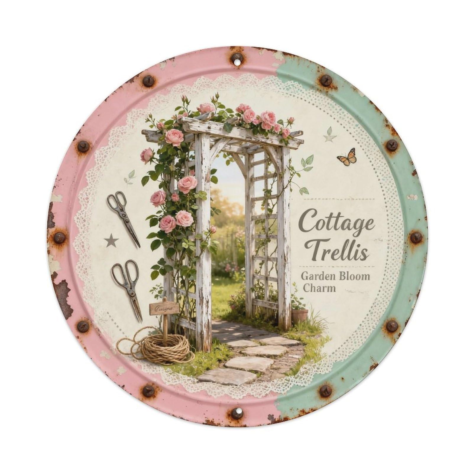 Cottage Rose Trellis Metal Tin Sign Plaque