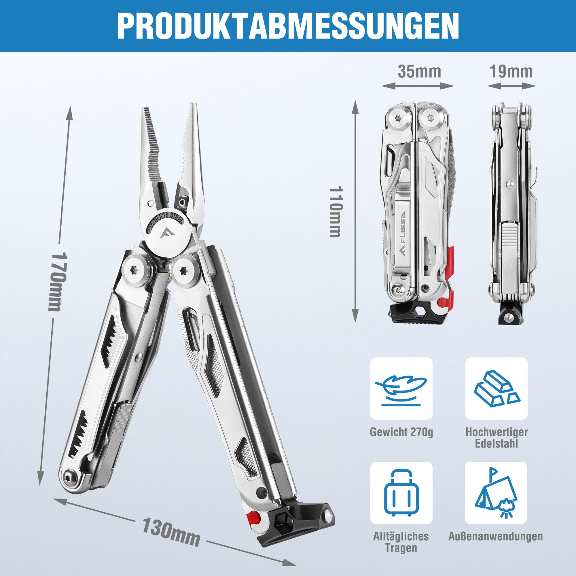 FLISSA Multifunktionszange 19-in-1, Multitool mit Glasbrecher und Feuerstarter, faltbares Multifunktionswerkzeug für Geschenke, multifunktionale Zange für Camping, mit Tragetasche, Edelstahlfarbe