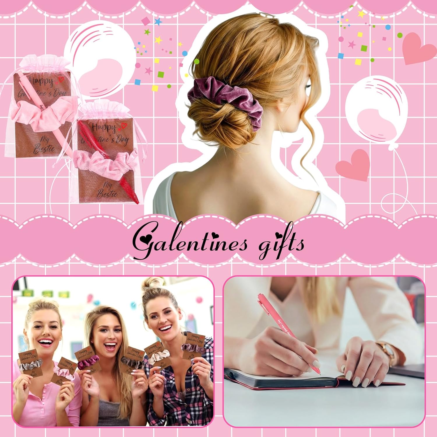 Affrolling 12 Set Galentine's Day Gift for Women Girls Includes Ballpoint Pen Hair Scrunchies Happy Galentines Card and Organza Bags Valentines Gifts Velvet Soft Hair Ties Thick Elastic Bands