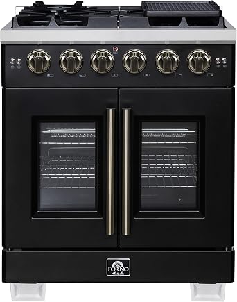Forno Capriasca 30-Inch Freestanding French Door Gas Range with 4 Sealed Burners - Convection Oven with Antique Brass Handle & Knobs Professional Stainless Steel Kitchen Stove - Black