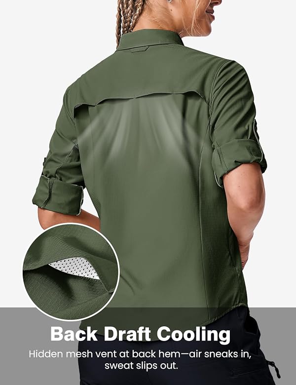 TBMPOY Women's UPF 50 Fishing Safari Hiking Sun Shirt Uv Protection Button Down Long Sleeve Camp Outdoor Travel Clothes Army Green S by TBMPOY - Image 4