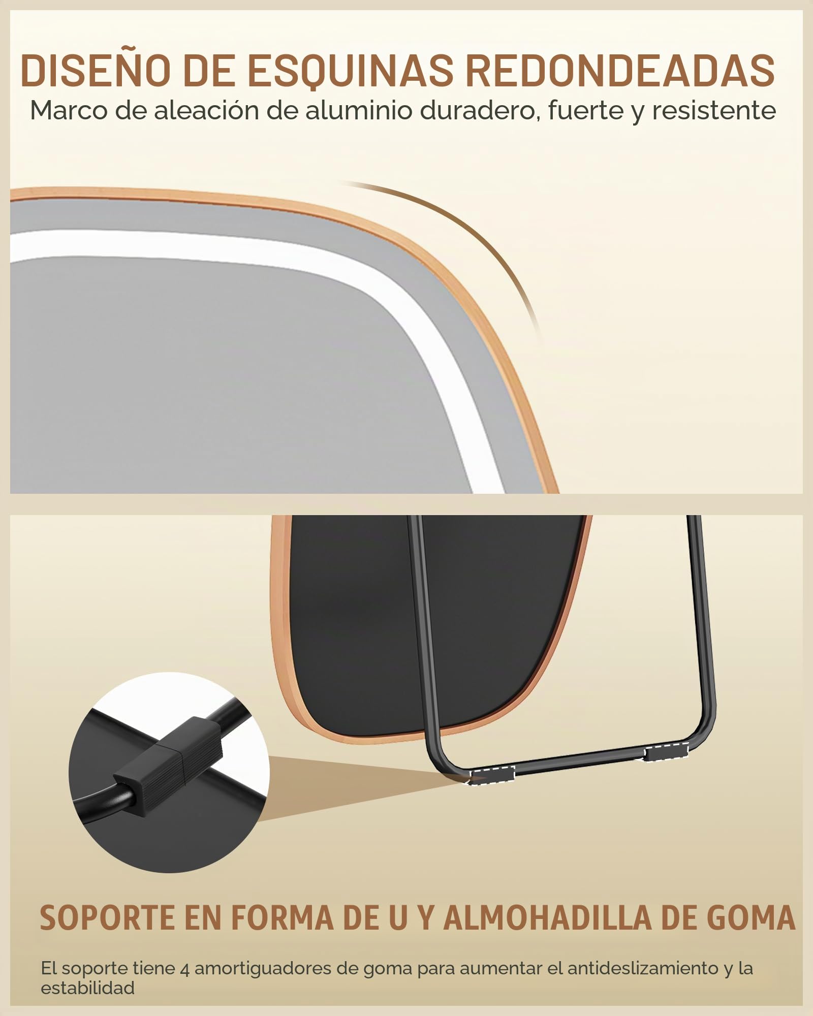 Hzuaneri Espejo de Cuerpo Entero con Luz LED 160x50 cm Espejo de Pie Curvo 3 Colores de Luz Brillo Ajustable Dorado