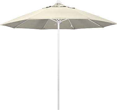 California Umbrella 9 Round Aluminum/Fiberglass Umbrella, Push Open, White Pole, Olefin Antique Beige