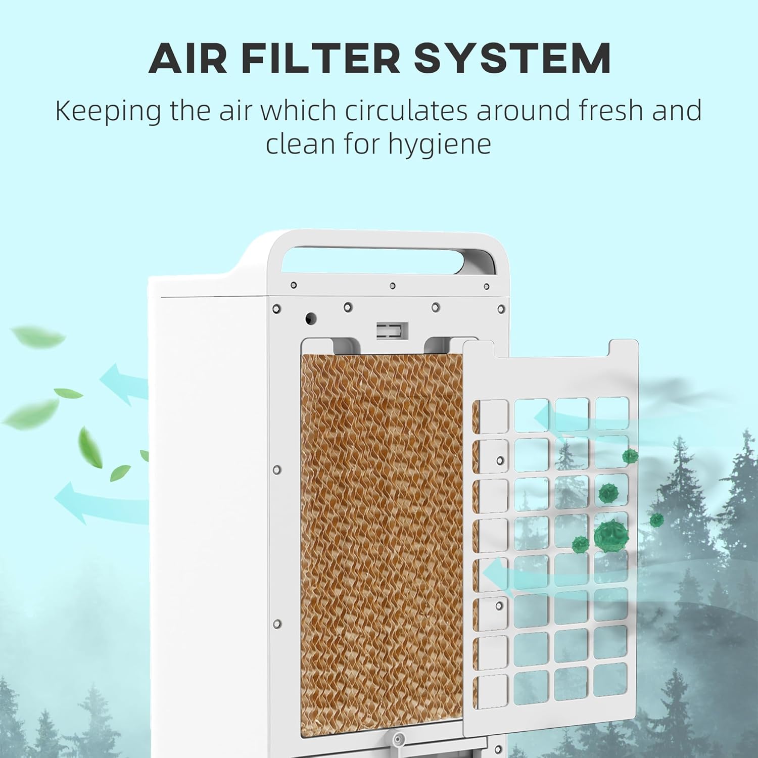 Close-up of the anwickjeff Portable Evaporative Air Cooler's air filter system, showing the removable cooling pad for cleaning