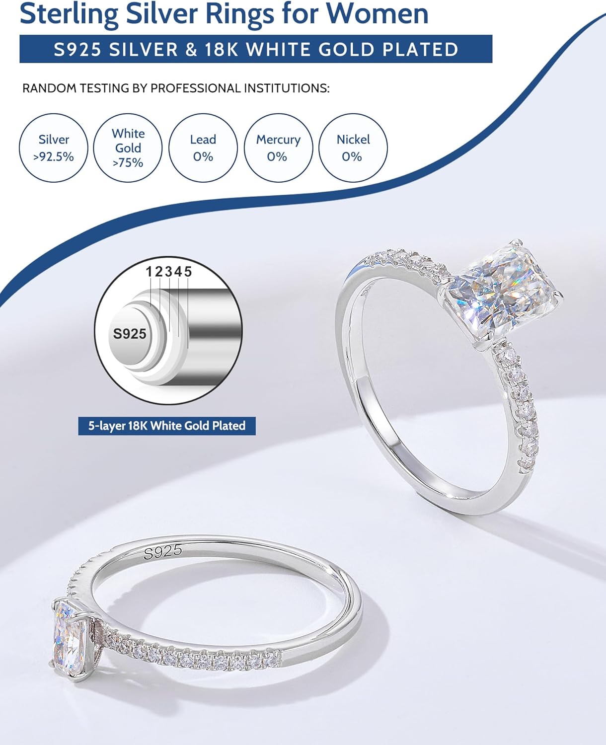 0.5-3ct Radiant Cut Moissanite Rings for Women - D Color VVS1 Clarity Lab Created Moissanite Wedding Rings for Women 18K White Gold Plated Moissanite Engagement Ring Valentines Day Gifts for Her - Image 4