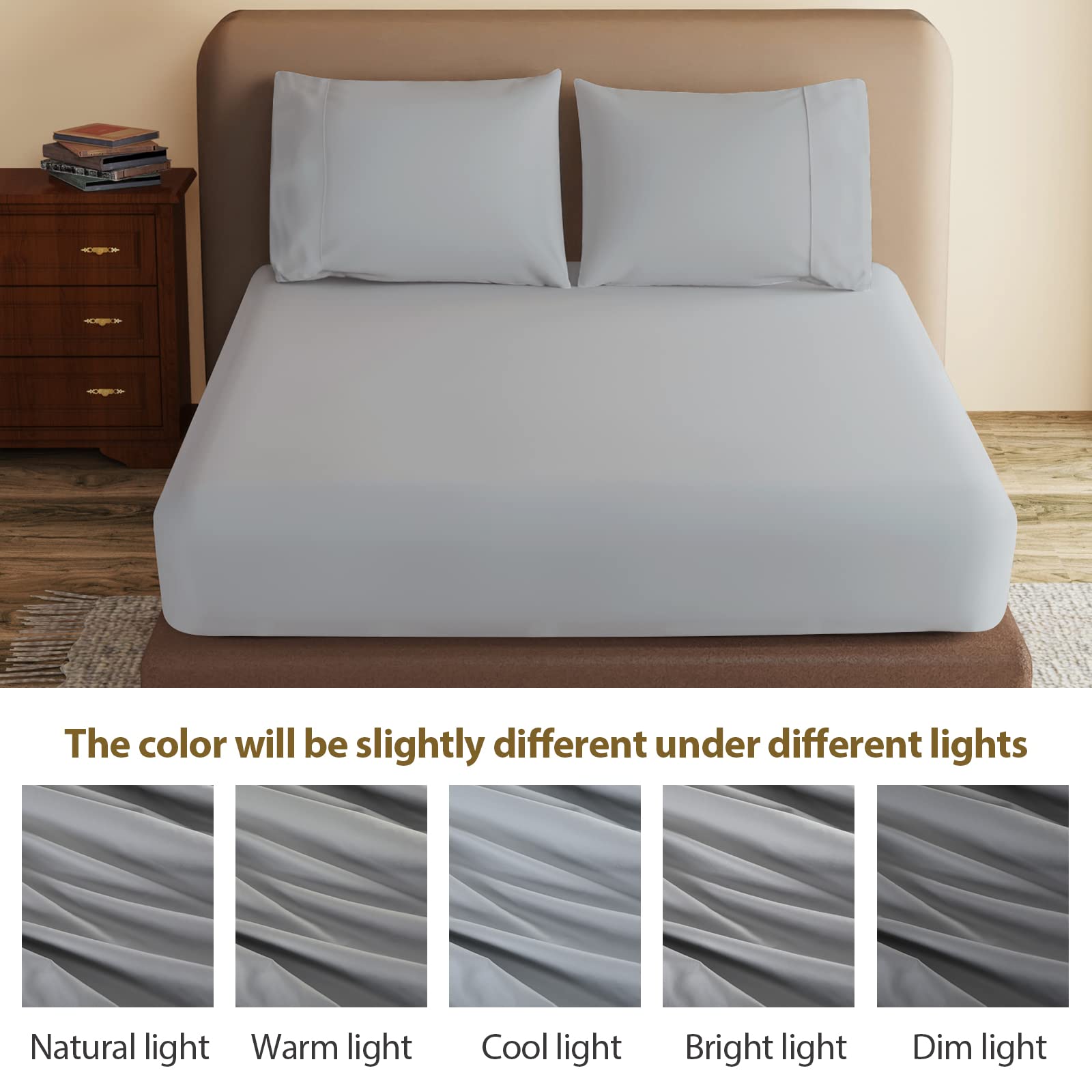 Prześcieradło ze 100% egipskiej bawełny w rozmiarze queen size, szare, gęstość splotu 600, głęboka kieszeń 20–40 cm, miękkie i elastyczne prześcieradło dolne z satynowego splotu do hotelu i domu,