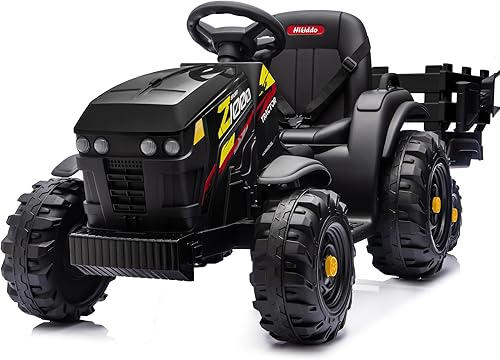 Juguete tractor de paseo para niños de 24 V, tractor eléctrico para niños de 3 a 8 años con remolque, motores de 2 x 200 W, color negro