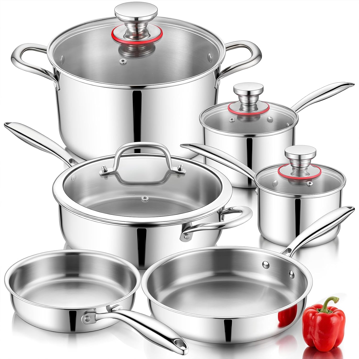 P&P CHEF 3-Ply Stainless Steel Cookware Set of 6, 10-Pieces Pots and Pans Sets Stainless Steel for Kitchen, Induction Multi Cooktops & Oven, Dishwasher Safe, Frying Pans, Saucepans, Saute Pan & Pot