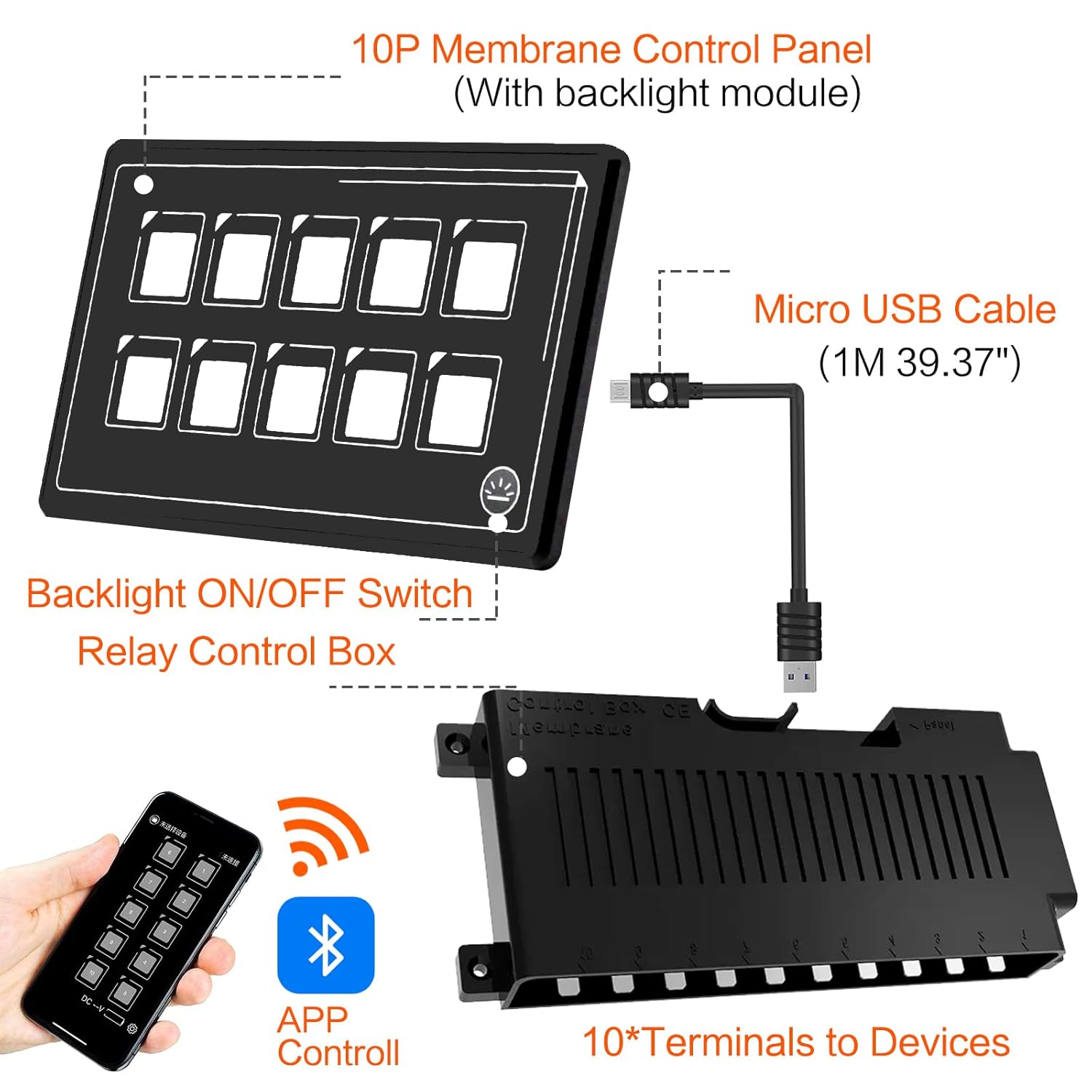 10P Membrane Control Switch Panel with Bluetooth APP Control Built-in PPTC Waterproof Programmable Momentary Button Switch with Backlight LED Module for Auto RV Boat